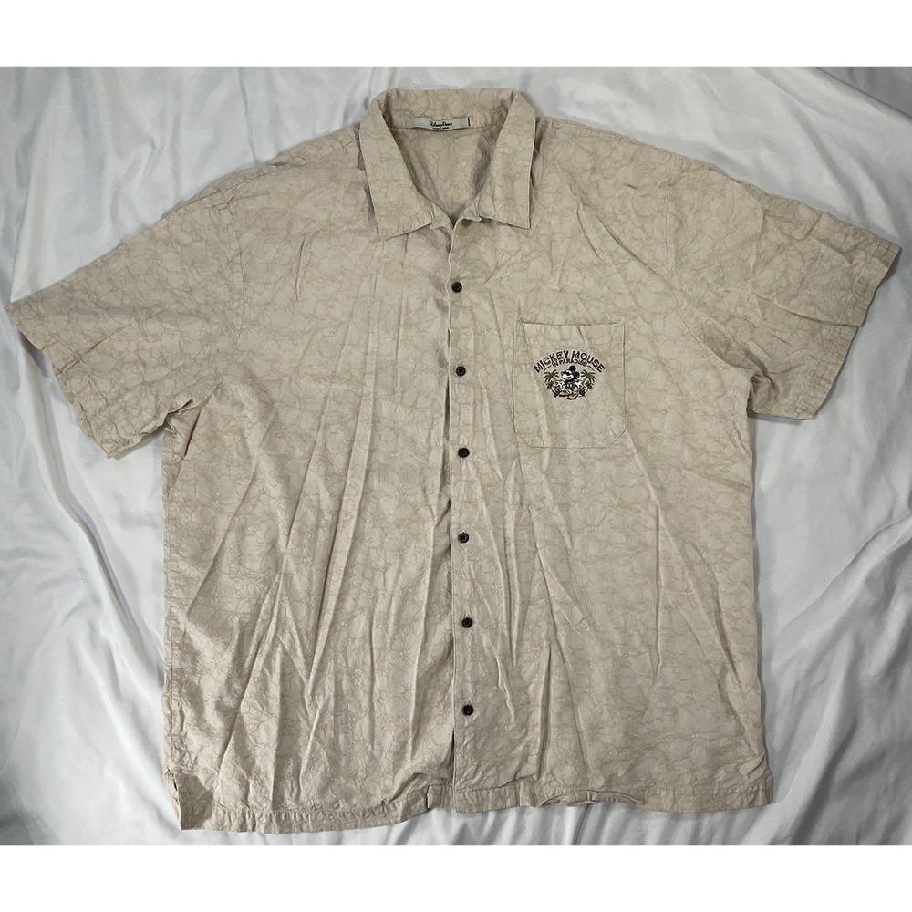 Disney Parks Mickey Mouse In Paradise Tan Textured Button Up Shirt Mens XXL 447